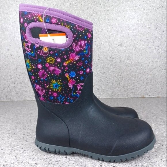 BOGS York Neon Unicorn Kids Black and Purple Rain Boots Shoes - Picture 1 of 8